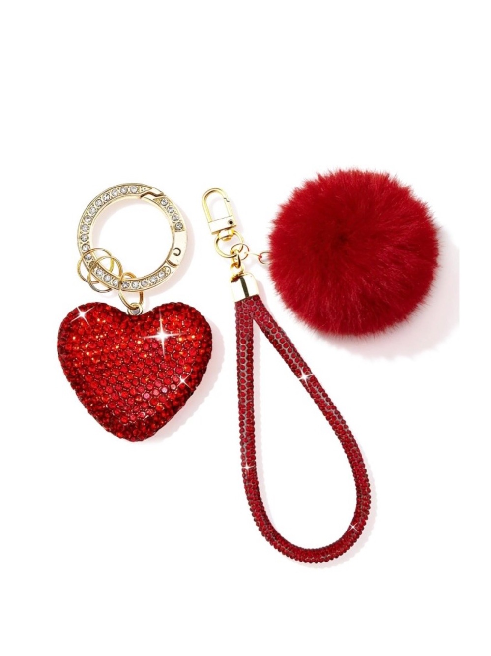 Red Crystal Bling Heart Wristlet Pom Pom Bag Charm Keychain